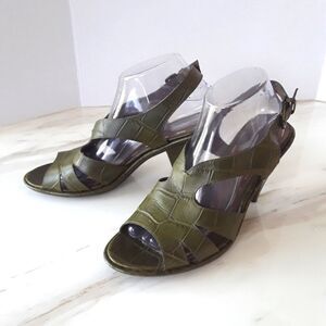 BMAKOWSKY GREEN EMBOSSED CROC SLINGBACK CHUNKY HEEL SANDALS SZ 9M